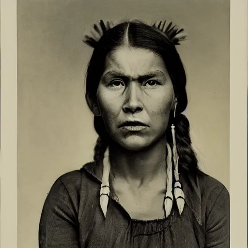 Image similar to head and shoulders portrait of young native american woman, snarling, looking up, clothed, three quarter profile, norman rockwell, ryan pancoast