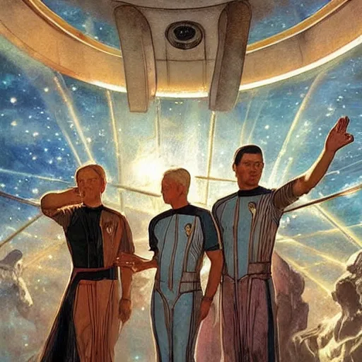 Prompt: STAR TREK nordics waving at the viewer designed in ancient Greece, (SFW) safe for work, photo realistic illustration by greg rutkowski, thomas kindkade, alphonse mucha, loish, norman rockwell