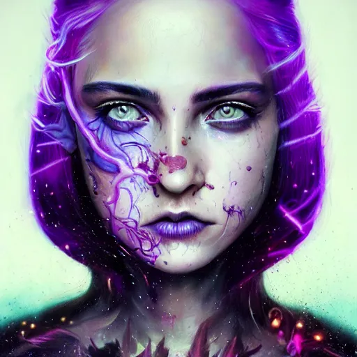 Image similar to detailed photo portrait of a furious teen girl with thin, hair-like purple tentacles on her head and bright purple eyes, 8k,by tristan eaton, Stanley Artgermm,Tom Bagshaw,Greg Rutkowski,Carne Griffiths,trending on DeviantArt, face enhance,hyper detailed ,full of colour, dramatic lightning