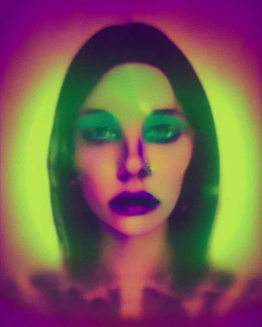 Prompt: futuristic chrome woman's face, violet and yellow and green sunset, polaroid photo, atmospheric, whimsical and psychedelic, grainy, expired film, glitched