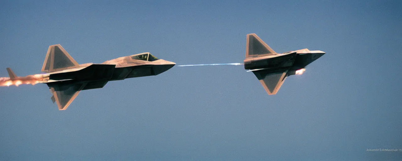 Image similar to an f - 2 2 plane firing spaghetti missiles, flying over the ocean, canon 5 0 mm, cinematic lighting, photography, retro, film, kodachrome