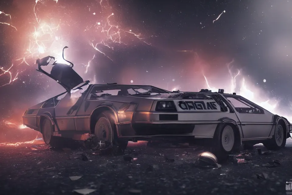 Image similar to ultra realistic delorean dmc 5 drifting on touge wreckage in space, photo from space, dark cinematic, volumetric, realistic, 3 d render, realistic render, cinematic lighting, volumetric lighting, atmospheric, cinematic, unreal engine 5, unreal engine render, octane render, hd, photorealism, hyper realistic, 8 k