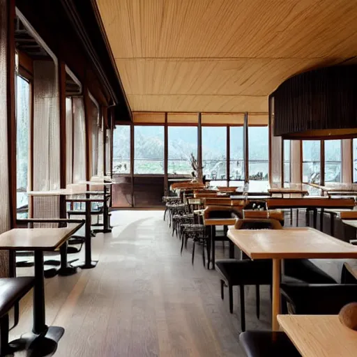 Prompt: innovative interior design of a restaurant in rural japan, neutral wooden materials, floor - to - ceiling windows with views of nature, artgerm