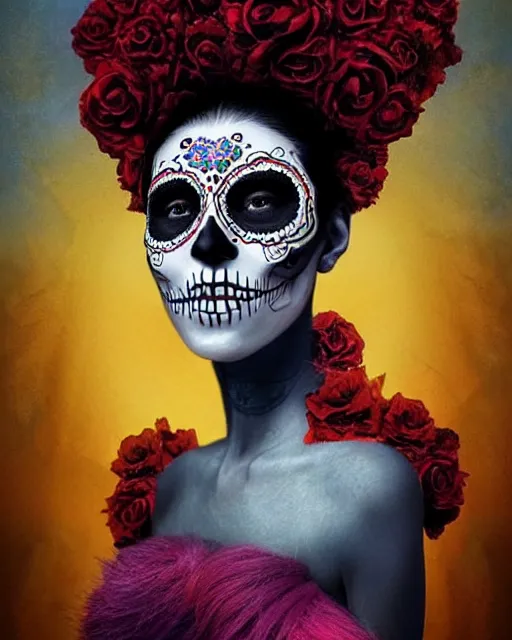 Image similar to dia de los muertos theme surrealist!!!! art in the styles of igor morski, jim warren, and aida muluneh, intricate, hyperrealistic, accurate facial details, profile picture with chromakey!!!!! background, volumetric lighting