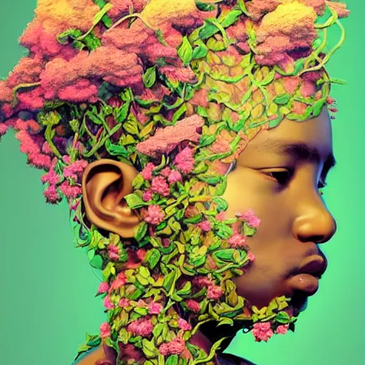 Image similar to colourful vfx art - portrait of nigerian boy wrapped in flowers & vines, art by hsiao - ron cheng & james jean, volumetric light, colourful, sharp, detailed, digital painting, illustration, illustration, highly detailed, intricate detail, unreal engine, octae render, pinterest, behance, art station,