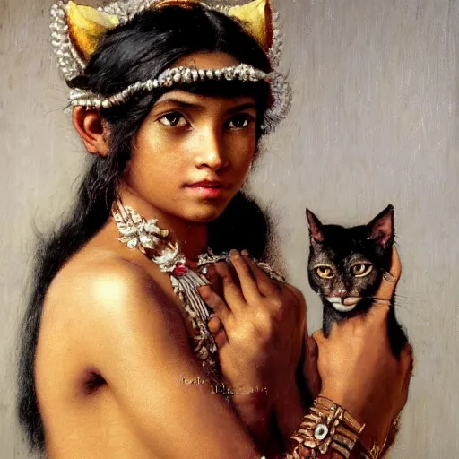 Image similar to detailed potrait 8 0 s srilankan girl with tatoos and cat woman mask in baroque painting, girl graceful,, painting by gaston bussiere, craig mullins, j. c. leyendecker, lights, art by ernst haeckel, john william godward, hammershøi,,