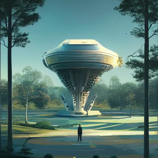 Prompt: a painting of a futuristic building surrounded by trees, an art deco painting by Beeple, cgsociety, retrofuturism, artstation hq, matte painting, biomorphic