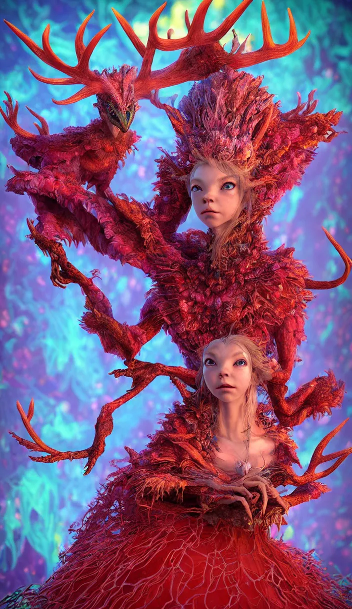 Prompt: hyper detailed 3d render like a Oil painting - kawaii full body portrait Aurora (a beautiful skeksis queen from dark crystal that looks like Anya Taylor-Joy with hooves and antlers) seen red carpet photoshoot in UVIVF posing in scaly dress to Eat of the Strangling network of yellowcake aerochrome and milky Fruit and His delicate Hands hold of gossamer polyp blossoms bring iridescent fungal flowers whose spores black the foolish stars by Jacek Yerka, Ilya Kuvshinov, Mariusz Lewandowski, Houdini algorithmic generative render, Abstract brush strokes, Masterpiece, Edward Hopper and James Gilleard, Zdzislaw Beksinski, Mark Ryden, Wolfgang Lettl, hints of Yayoi Kasuma, octane render, 8k