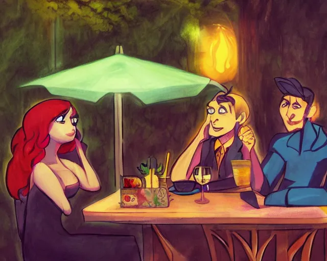 Image similar to a couple of people sitting at a table outside of a restaurant, concept art by hanna - barbera, deviantart contest winner, magic realism, 2 d game art, wiccan, official art