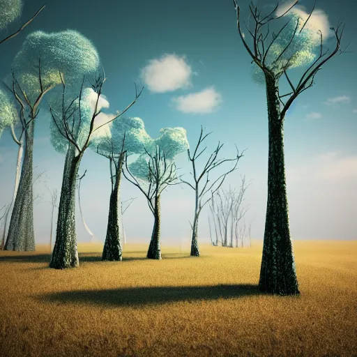 Image similar to trees on the hill with no shadows, without shadows, 3 d render, weird, dreamcore, dream fever, detailed