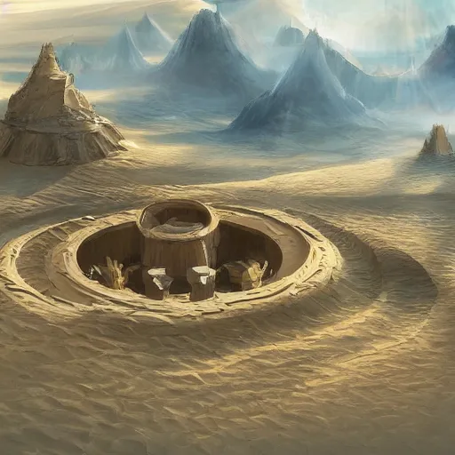 Prompt: The spiritual village of a lost civilization built near the water of a lone oasis in the center of a seemingly infinite sand desert full of tall sand dunes, concept art, game art, trending on art station