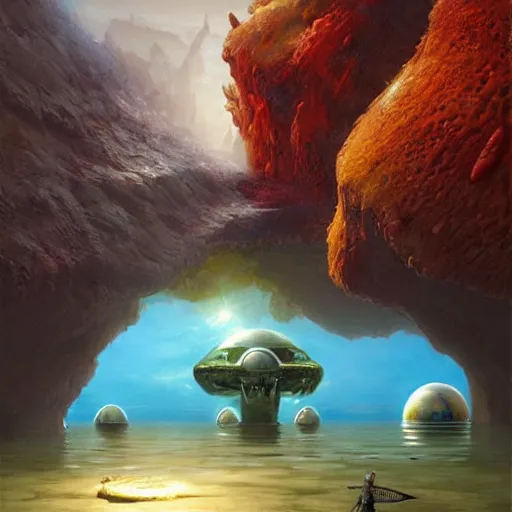 Prompt: Life in an Alien Tide Pool on an Exoplanet, art by Jim Burns and Marc Simonetti