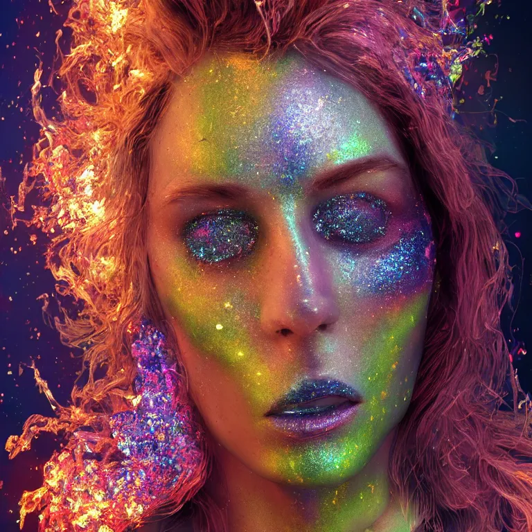 Image similar to 1 9 7 0's octane render portrait by wayne barlow and carlo crivelli and glenn fabry, the face of a beautiful woman wearing dramatic colorful iridescent glittery facepaint surrounded by colorful smoke and explosions and chunks of rock rubble, volumetric lighting and light rays, cinema 4 d, ray traced lighting, very short depth of field, bokeh