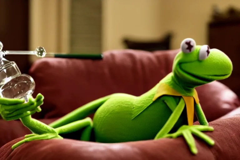 Image similar to candid photo of kermit the frog sitting on the couch hitting a bong, kermit the frog in ted ( 2 0 1 2 ) bong scene, kermit the frog using a bong, kermit smoking weed, bong rip, high resolution photo, trending on artstation, interior design,