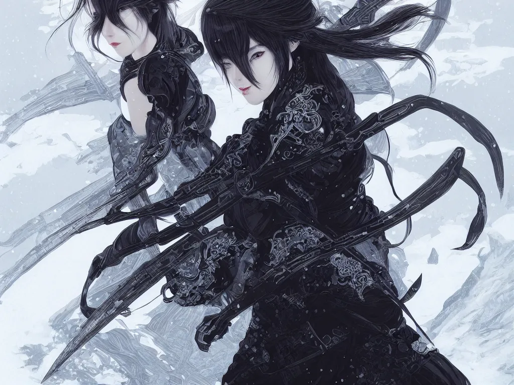 Image similar to portrait ninja gaiden girl, black plus white ninja wardrobe, at snowy fuji mountain sunrise, ssci - fi and fantasy, intricate and very very beautiful, detailed, digital painting, artstation, concept art, smooth and sharp focus, illustration, art by tian zi and wlop and alphonse mucha