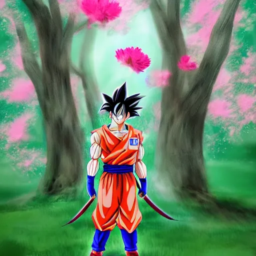 Prompt: Goku samurai in a spring forest full of pink petals, digital art, trending on artstation, HDR