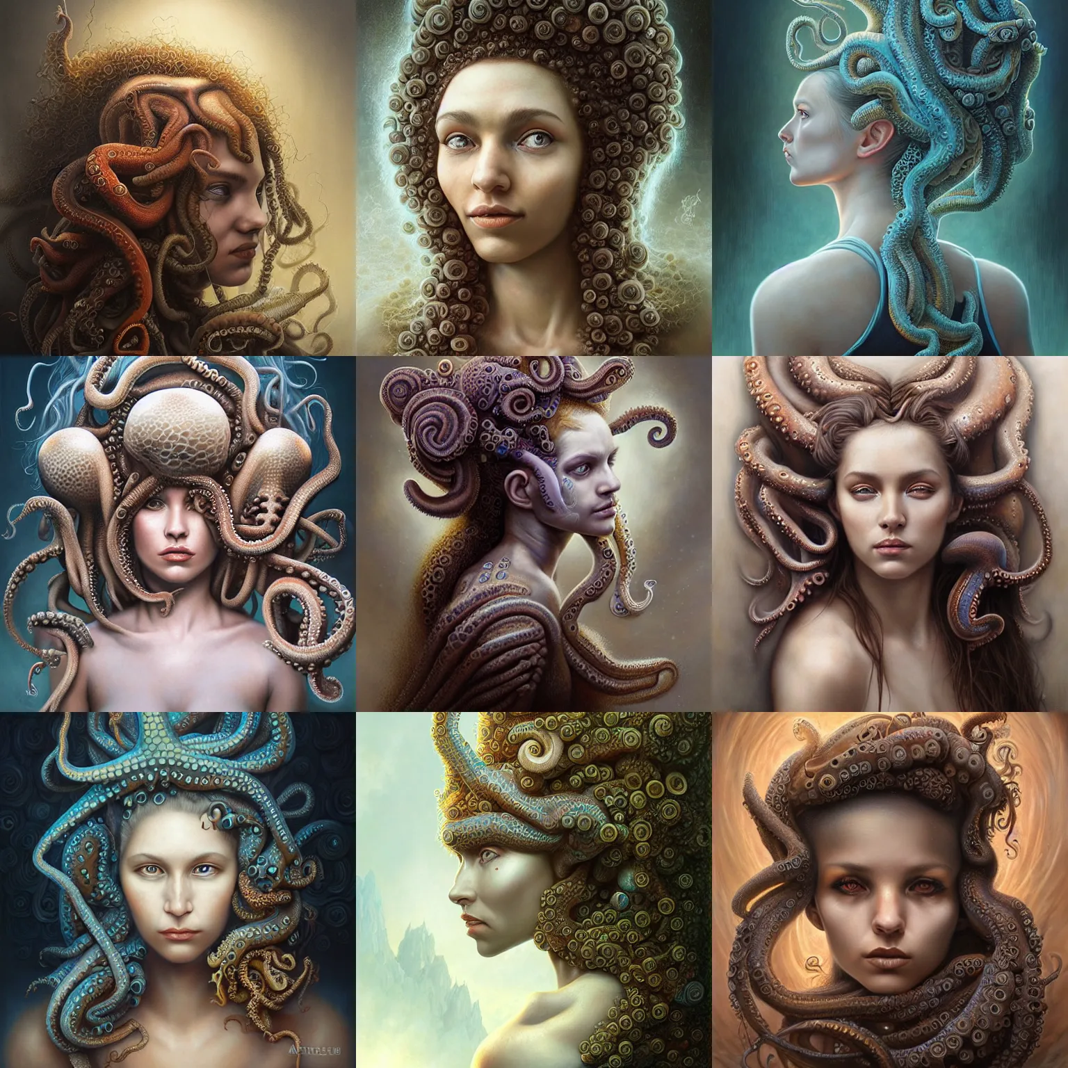 Prompt: a detailed portrait of girl with octopus hair, ultra detailed, by Tomasz Alen Kopera and Peter Mohrbacher