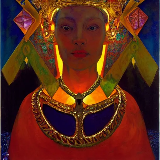 Image similar to the crystal crown, by Annie Swynnerton and Nicholas Roerich and Diego Rivera, bioluminescent skin, elaborate costume, geometric ornament, symbolist, rich color, dramatic cinematic lighting, smooth, sharp focus, extremely detailed