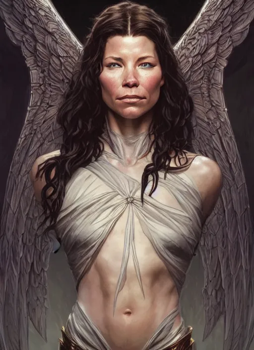 Image similar to evangeline lilly as the angel of death, deep focus, d & d, fantasy, intricate, elegant, highly detailed, digital painting, artstation, concept art, matte, sharp focus, illustration, hearthstone, art by artgerm and greg rutkowski and alphonse mucha