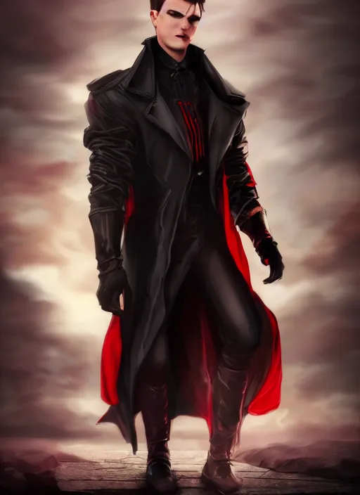 Image similar to An epic fantasy comic book style portrait painting of a young man with black cowlick haircut, wearing black overcoat, red clothes, blue jeans. Unreal 5, DAZ, hyperrealistic, octane render, cosplay, RPG portrait, dynamic lighting