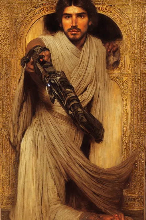 Prompt: attractive male, star wars, orientalist intricate portrait by john william waterhouse and edwin longsden long and theodore ralli and nasreddine dinet, hyper realism, dramatic lighting