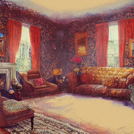 Image similar to a beautiful intricate watercolor illustration of a victorian livingroom 4 k, ultra - wide angle, by william turner, by gustav klimt, hd, trending on artstation, hyper detailed, muted intense colors