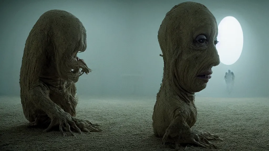 Image similar to the creature that told me when to die, film still from the movie directed by Denis Villeneuve with art direction by Salvador Dalí, wide lens