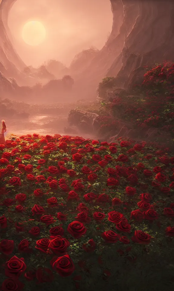 Image similar to the dawn brought by a thousand roses, featured in artstation, octane render, cinematic, elegant, intricate, ultra detailed, rule of thirds, professional lighting, unreal engine, fantasy, concept art, sharp focus, illustration, 8 k