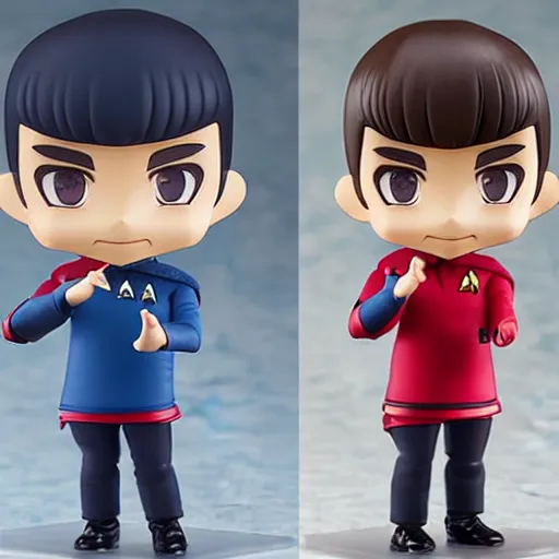 Image similar to spock from the tv series star trek, serious look, pointed ears, spock haircut, as an anime nendoroid, starfleet uniform, detailed product photo