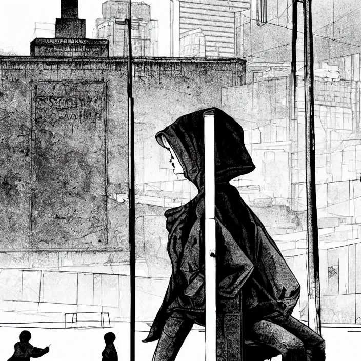 Prompt: storyboard : sadie sink in hoodie sits on long bench in ruined square, pedestrians walk by, soviet monument and propaganda posters. scifi cyberpunk. by gabriel hardman. cinematic atmosphere, detailed and intricate, perfect anatomy