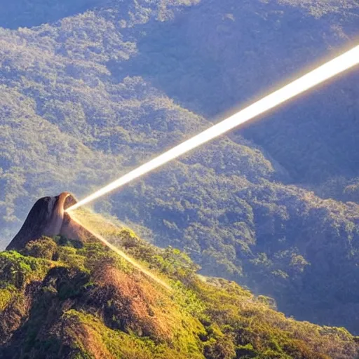 Image similar to uma criatura estranha segurando uma fonte de luz no topo de uma montanha