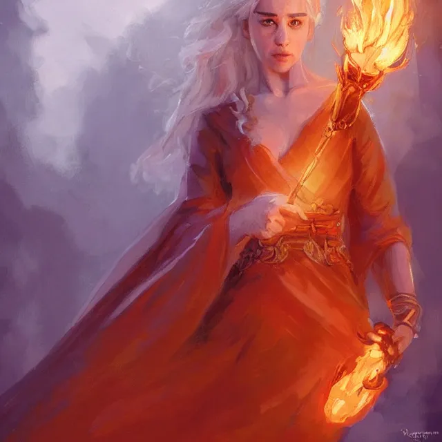 Prompt: Daenerys Targaryen as a firebender, portrait, elegant, intricate, digital painting, artstation, concept art, smooth, sharp focus, illustration, art by konstantin korovin and Daniel F. Gerhartz and john howe