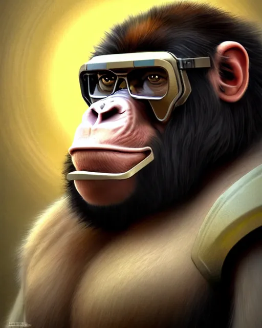 Prompt: winston the ape from overwatch, wearing armor, wearing square glasses, smart looking, character portrait, portrait, close up, highly detailed, intricate detail, amazing detail, sharp focus, vintage fantasy art, vintage sci - fi art, radiant light, caustics, by boris vallejo