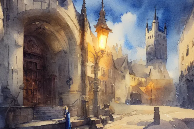 Image similar to small centered on watercolor paper, paint brush strokes, abstract watercolor painting of medieval city entrance, giant iron door, cinematic light, national romanticism by hans dahl, by jesper ejsing, by anders zorn, by greg rutkowski, by greg manchess, by tyler edlin