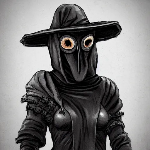 Image similar to female plague doctor donning a black hood, steel armor and a white crow mask, trending on artstation