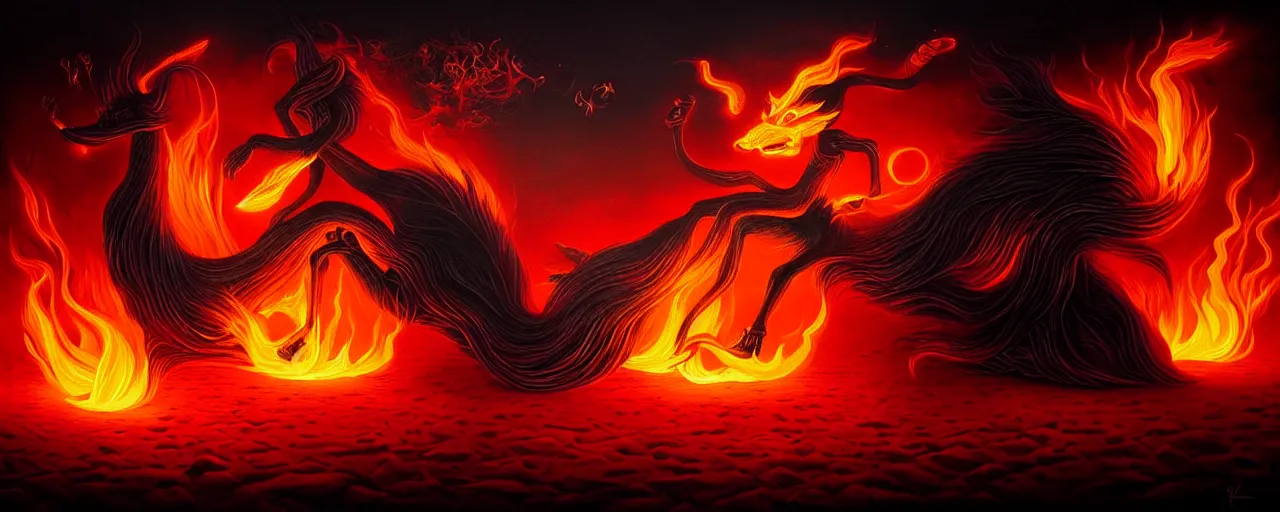 Image similar to whimsical fiery alchemical creatures, surreal dark uncanny painting by ronny khalil