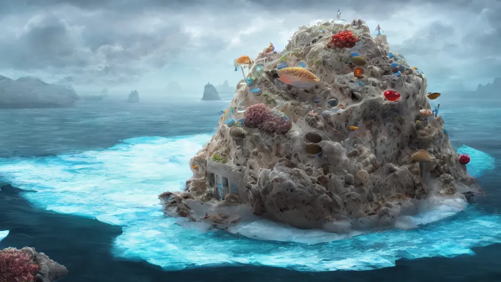 Prompt: fish island, surrounded by an ocean made of ice cream, digital art, realistic, highly detailed, matte painting, concept art, 8 k, 4 k, trending artstation