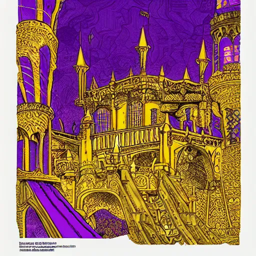 Prompt: amazing architecture comic - book art, epic castle, amazing purple and amber gold lighting, with half - tone - print features that blend into the art style and print