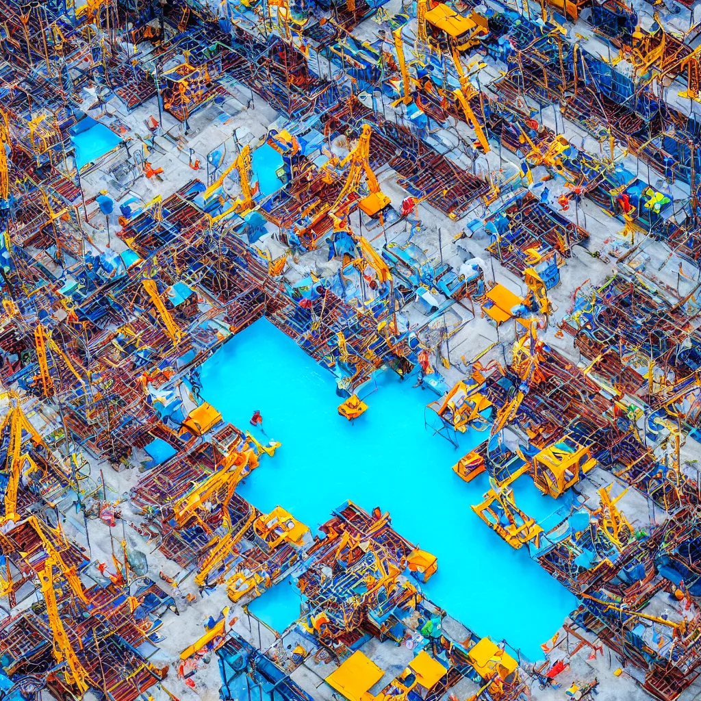 Prompt: colorful construction site with pools of bright blue water, birds eye view