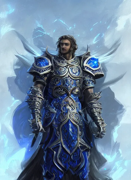 Image similar to kaladin stormblessed in shardplate. a knight in amazing fantasy armor that glows, bursting with blue light, sleek, lightweight but imposing, light glowing from the seams. intricate and ornate. concept art from artstation. beautiful highly detailed fantasy painting by greg rutkowski
