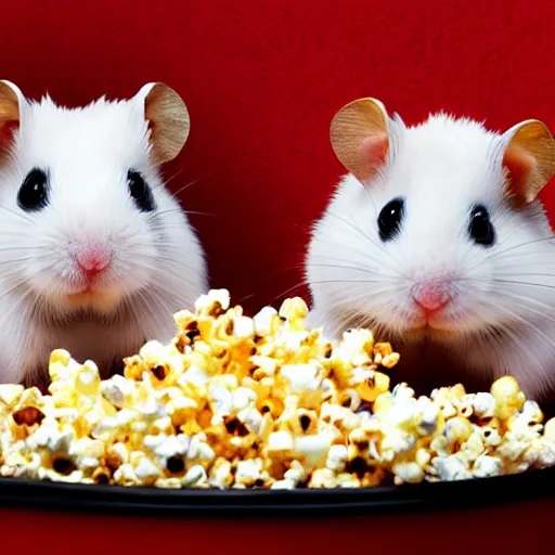 Image similar to photo of two hamsters, bucket of popcorn next to them on a cinema seat, various poses, unedited, dim light, sharp focus, 8 k