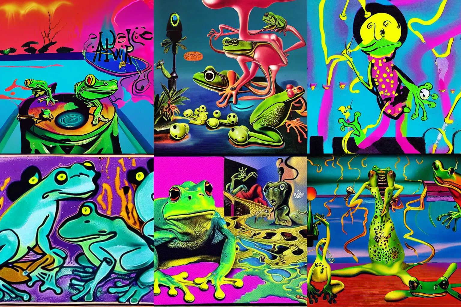 Prompt: fever dream world filled with frogs, retrowave, paint drips, salvador dali