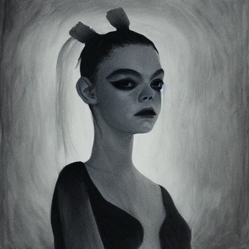 Prompt: a striking esoteric painting of Elle Fanning, dark, metal, black background, occult, by Paulina Peavy