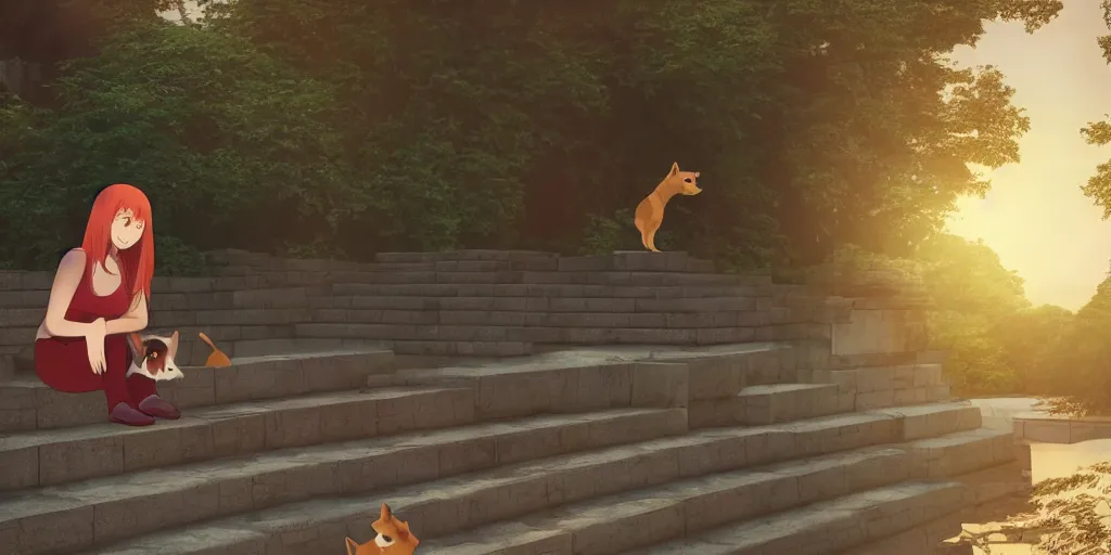 Image similar to a girl with red hair, sitting on stairs with a shiba inu, watching the sun set. anime, intricate details, 4k —steps 100