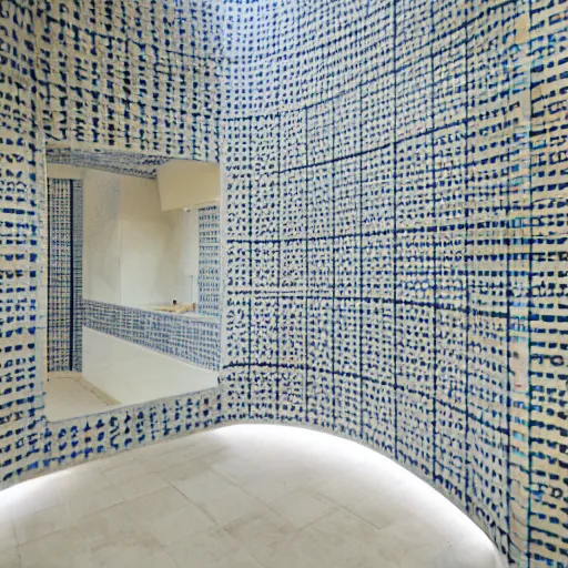 Image similar to photo of a bizarre oddly-shaped interior covered by ceramic white tiles with shallow water everywhere