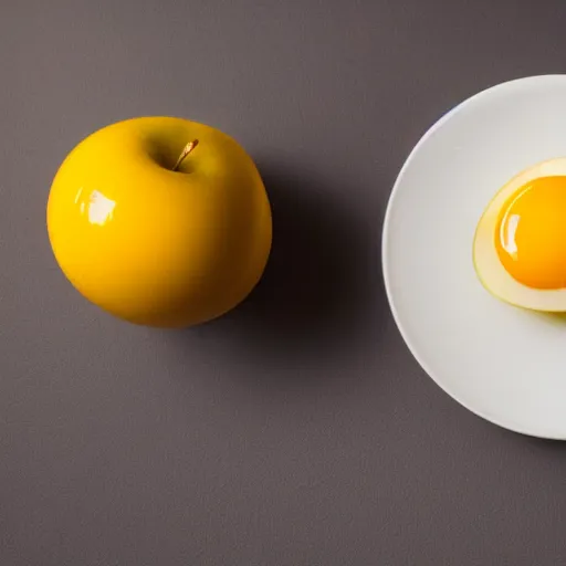 Prompt: close-up photo of half of an apple with a egg yolk inside, professional food photography, studio lighting