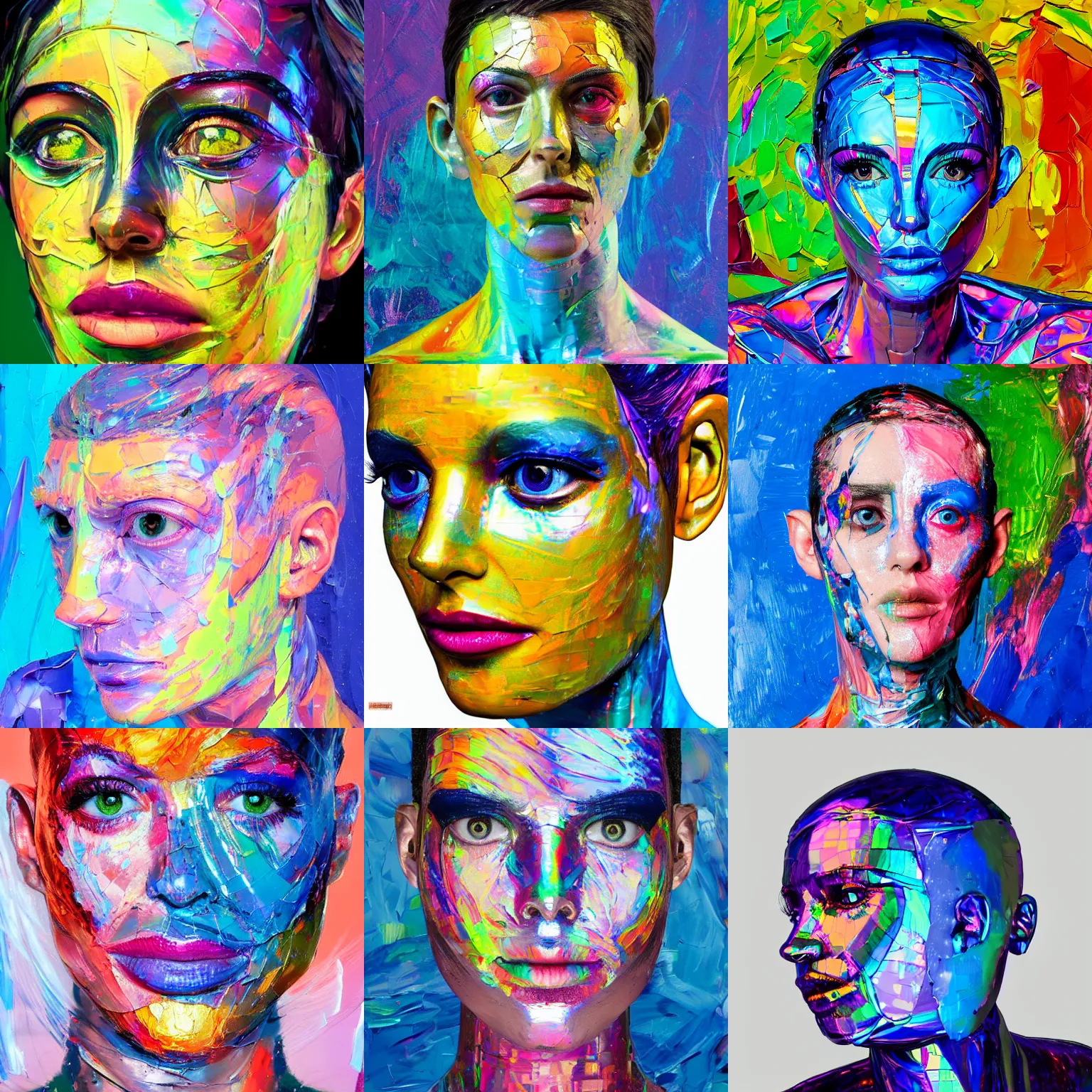 Prompt: a holographic human robotic head made of glossy iridescent, Face, Palette Knife Painting, Acrylic Paint, Dried Acrylic Paint, Dynamic Palette Knife Oil Paintings, Vibrant Palette Knife Portraits Radiate Raw Emotions, Full Of Expressions, Palette Knife Paintings by Francoise Nielly, surrealistic 3d illustration of a human face non-binary, non binary model, 3d model human, cryengine, made of holographic texture, holographic material, holographic rainbow, concept of cyborg and artificial intelligence