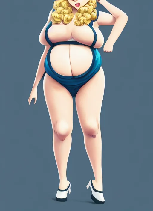 Image similar to full body teenage betty cooper, blonde hair, obese, bangs, ponytail, sultry, realistic, sultry smirk, ponytail, fluffy bangs, curly bangs, fat, belly, beautiful girl, intricate, elegant, highly detailed, digital painting, artstation, concept art, smooth, sharp focus, illustration, art by wlop, mars ravelo and greg rutkowski