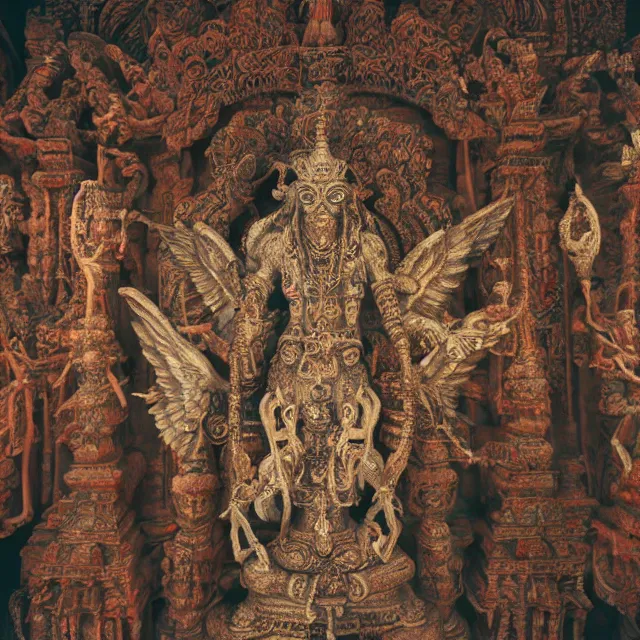 Prompt: temple made of flesh, hindu ornaments, baphomet statue at the center, angel statues, 8 0's horror movie film still, highly detailed, symmetry, award - winning photography, 1 2 0 mm