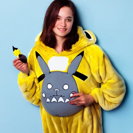 Image similar to totoro wearing a pikachu onsie